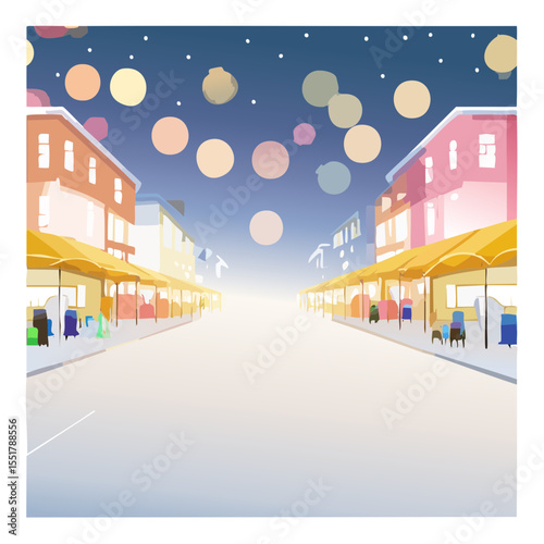 Stylized street scene with lights and shops in a vibrant, cartoonish style