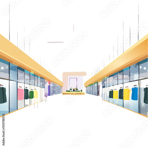 Illustration of an indoor shopping mall with clothing stores.