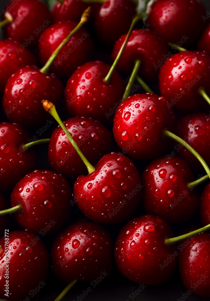 Close-up of fresh red cherries with water droplets. Juicy and vibrant fruits with green stems, captured in rich lighting and detail, creating a refreshing and appetizing look. Close-up of fresh red cherries with water droplets. Juicy and vibrant fruits with green stems, captured in rich lighting and detail, creating a refreshing and appetizing look.