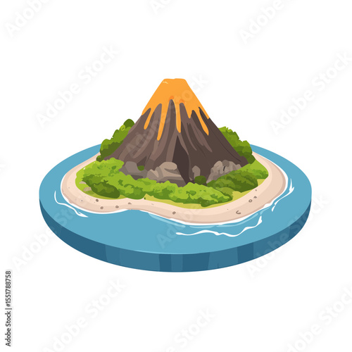 Isometric Volcano Island Scene Vector Illustration