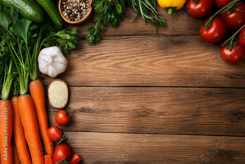 Fresh cooking ingredients ready for meal preparation on wooden table
