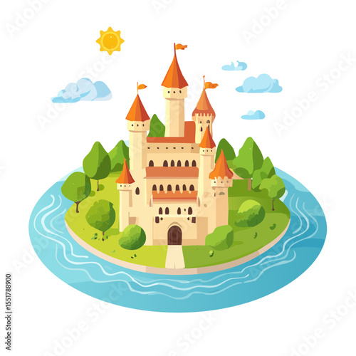 Cartoon castle on island with river landscape vector illustration