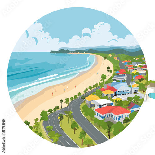 Coastal Town Beach View Illustration: Serene Seaside Escape