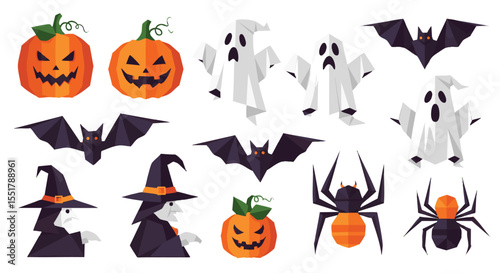 Vibrant Low Poly Halloween Icons Featuring Jack-O-Lanterns, Bats, Ghosts, Witches, And Spiders