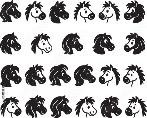 Black and white horse heads collection in various poses ideal for graphic designs