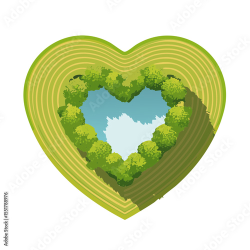 Heart-Shaped Lake Surrounded by Trees and Grassy Terraces - Aerial View