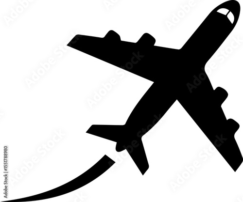 Minimalistic black and white illustration of an airplane taking off with a path line. Concept for flight, travel, or vacation.