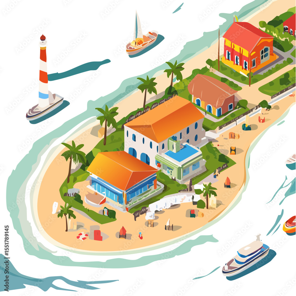 Fototapeta premium Tropical Island Village Illustration with Beach, Houses, and Boats