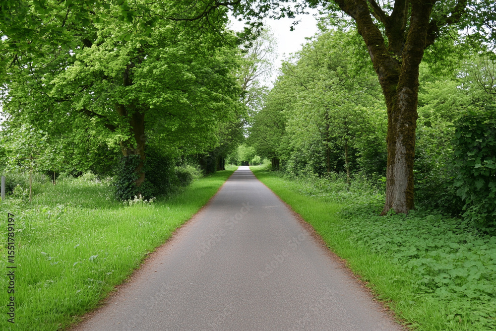 Fototapeta premium Winding road through lush countryside lined with green trees