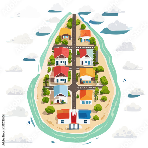 Island town with houses and clouds, overhead view