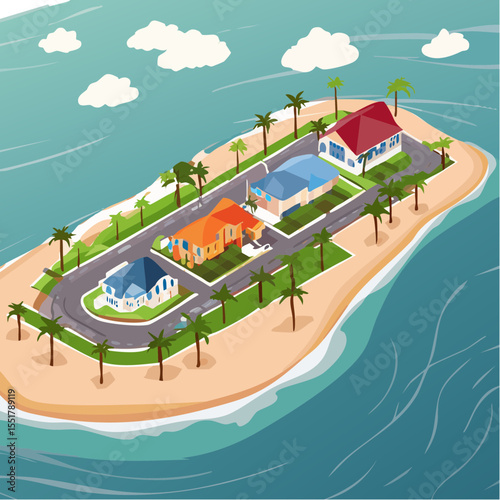 Isometric Island Paradise with Houses, Beach, and Palm Trees