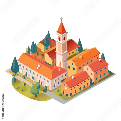 Isometric Illustration of a Monastery or Village Scene