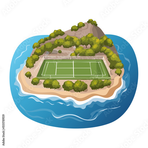 Aerial View of a Tennis Court on an Island
