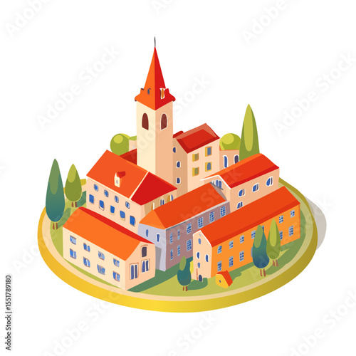 Isometric Village Illustration with Church Tower and Buildings