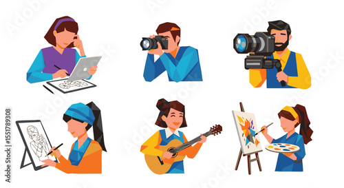 Illustrations of Creative People Engaging in Artistic Professions, Hobbies, and Expressive Pursuits