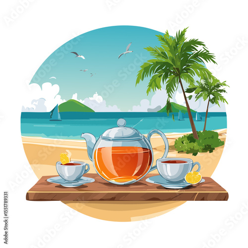 Relaxing Tropical Tea Time: Teapot and Cups on a Beach Getaway