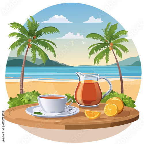 Beach Breakfast Still Life with Tropical Juice and Tea
