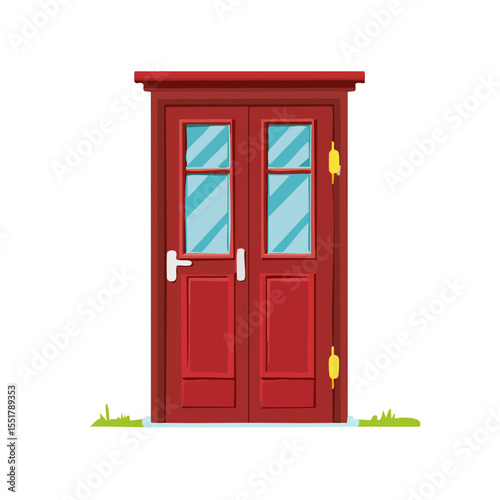 Cartoon Double Door with Window Panes and Wall Detail