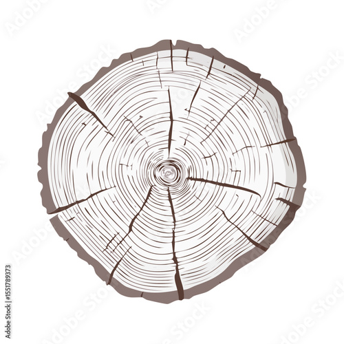 Vector graphic of a wood slice showing annual growth rings and radial cracks on a black background