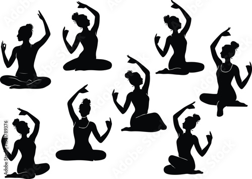 Black silhouette of women practicing yoga poses representing wellness and serenity