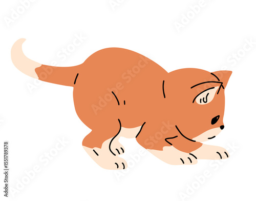 Little ginger kitten playing. Cute fluffy domestic pet. Animal cat. Cartoon vector illustration isolated on white background