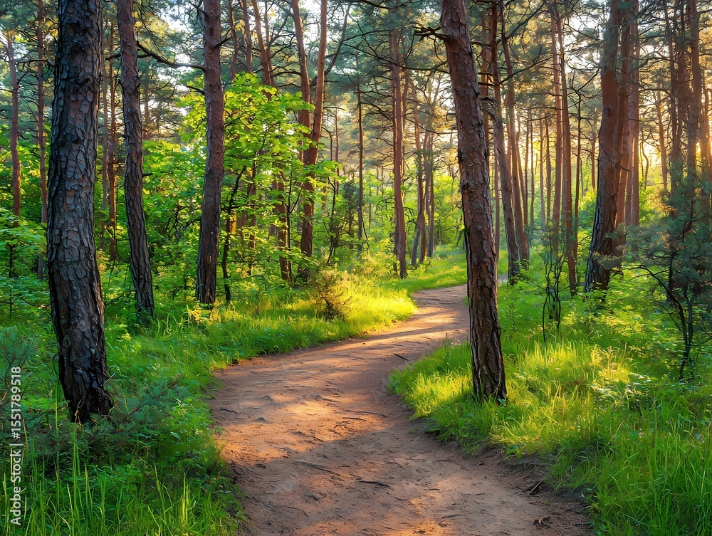 Obraz premium Serene Forest Pathway Through Sunlit Green Pine Tree Landscape