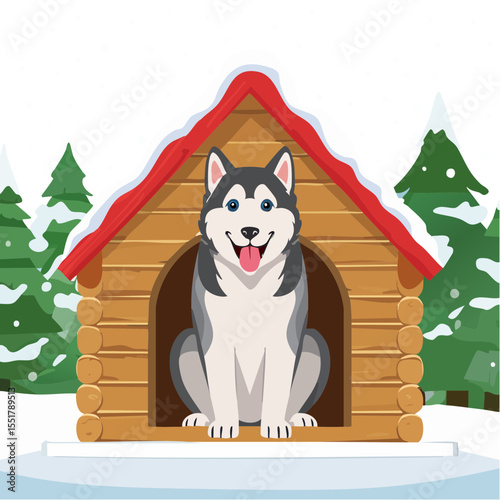 Husky Dog Sitting Inside a Winter Doghouse Surrounded by Snow and Trees