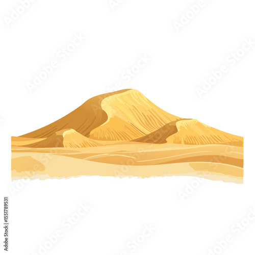 Cartoon illustration of a sandy desert landscape with rolling dunes and a clear sky.