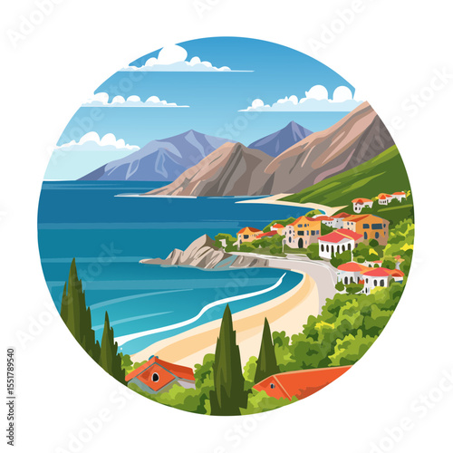 Scenic Coastal Village with Mountains and Turquoise Sea - Vector Illustration