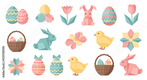 Cute Pastel Geometric Easter Elements Collection with Bunnies, Eggs, Chicks, and Spring Flowers