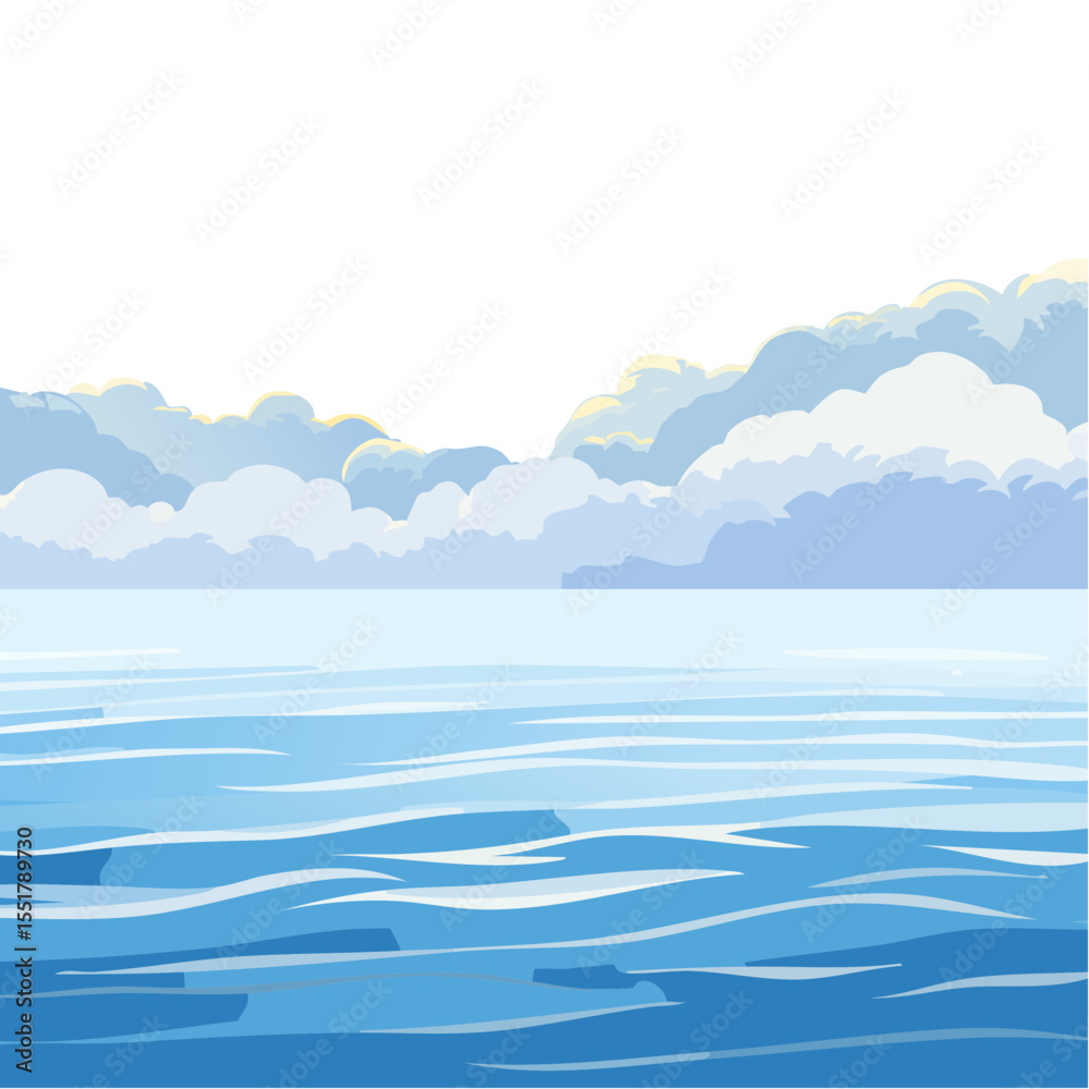 Fototapeta premium Serene seascape illustration with clouds, light, and waves.