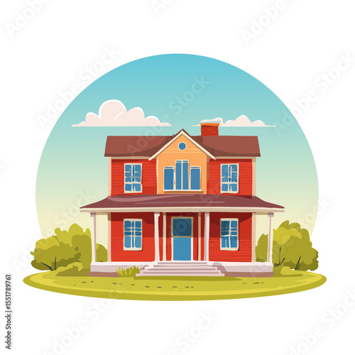 Charming Two-Story House Illustration with Blue Sky Backdrop