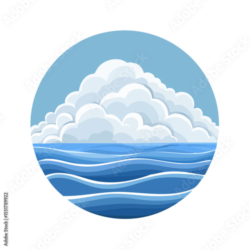 Cartoon illustration of a cloud over water inside of a circle.