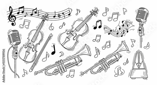 Set of hand drawn whimsical illustrations of instruments and sheet music. Doodle drawings of violins, trumpets, musical notes, metronomes, and vintage microphones. Harmonious line art in retro jazz