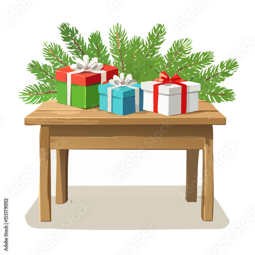 Christmas Presents on Wooden Table with Pine Branches Background