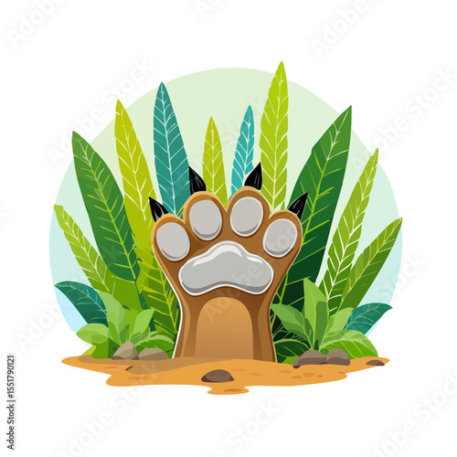Cartoon animal paw vector image in the jungle of lush plants, perfect for nature lovers and adventurers