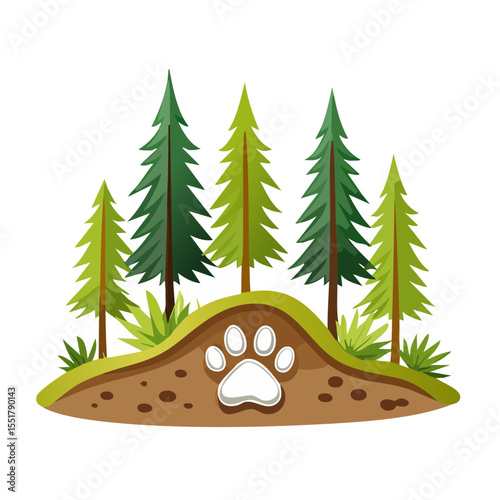 Forest Scene with Animal Den and Paw Print