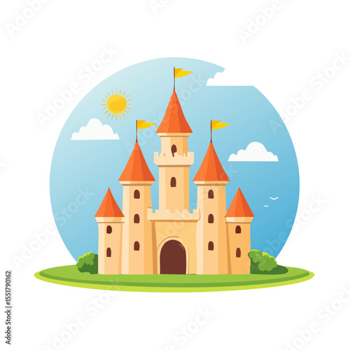 Cartoon Castle with Flags, Sun, Clouds, and Green Landscape Illustration