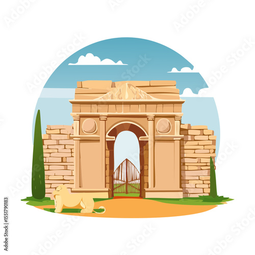Ancient Archway with Stone Lion and Cypress Trees