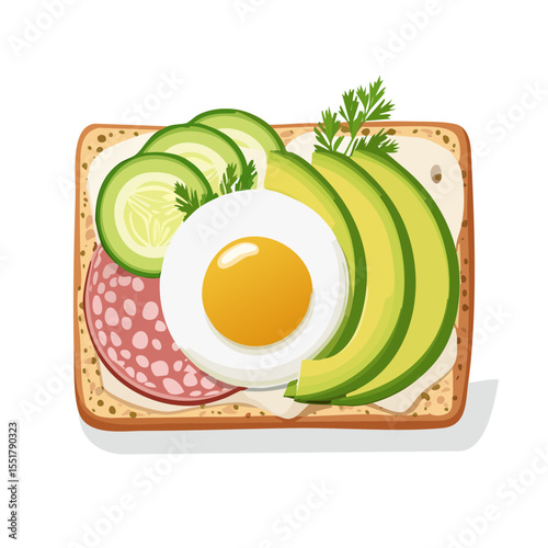 Open-faced sandwich with avocado, egg, salami and cucumber illustration