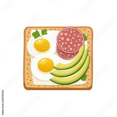 Toast with Eggs, Avocado, and Salami Illustration