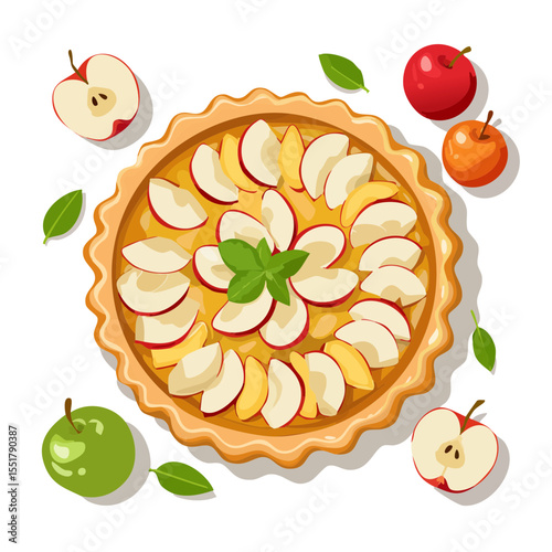 Delicious Apple Pie Illustration with Fresh Apples and Mint