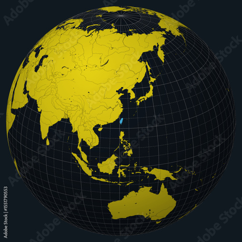 Taiwan on Globe. Country view on the world map in Charcoal Bright Yellow color palette. Taiwan shape on map. Globe with meridians, parallels, countries, rivers and lakes. Classic vector illustration.