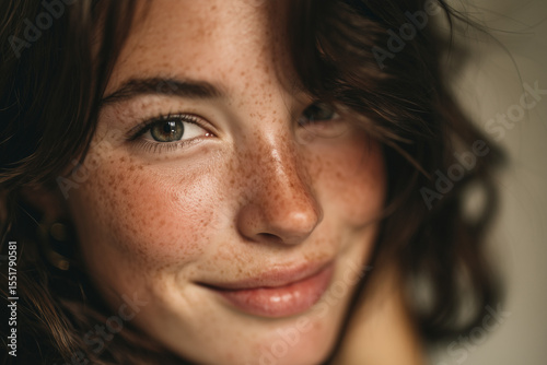 Close-up portrait of young woman with freckles and natural hair smiling