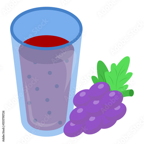 Concord grapes Juice Tall Glass isometric concept, Healthy Soft Drink for Breakfast vector design, German cuisine symbol, Germany Serving Platter sign, European gastronomy food culture illustration 