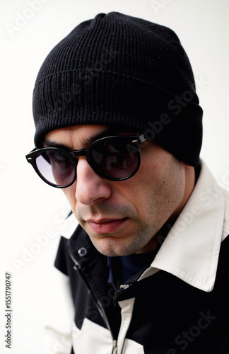 Man with black beanie, round sunglasses, white background.