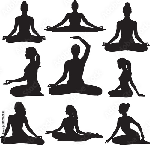 Elegant black silhouettes of women in various yoga poses for meditation and wellness
