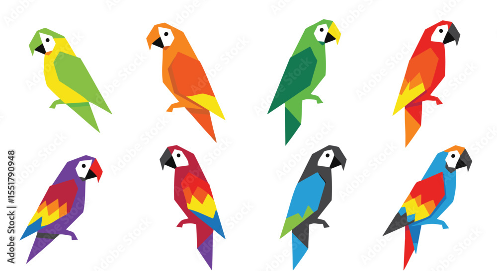 Obraz premium Vibrant Geometric Parrots Collection Vector Illustration Pack Bright Polygonal Tropical Birds Set on White Background