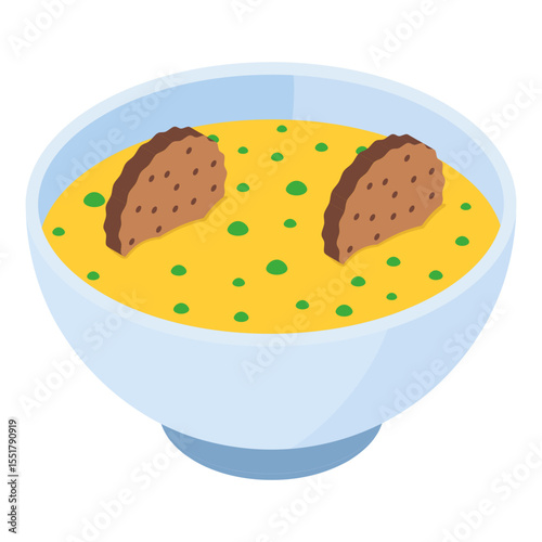 Leberknodelsuppe or Lawwerknepp bowl isometric concept, Liver dumpling soup vector icon design, German cuisine symbol, Germany Serving Platter sign, European gastronomy food culture stock illustration