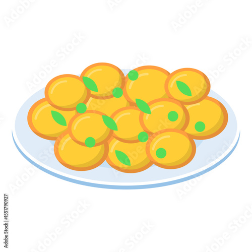 Bratkartoffeln with seasonings isometric concept, Thinly sliced raw cooked potatoes vector design, German cuisine symbol, Germany Serving Platter sign, European gastronomy food culture illustration 